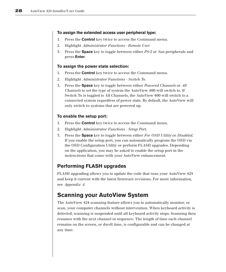 Scanning your autoview system, Performing flash upgrades | Avocent 416 User Manual | Page 34 / 56