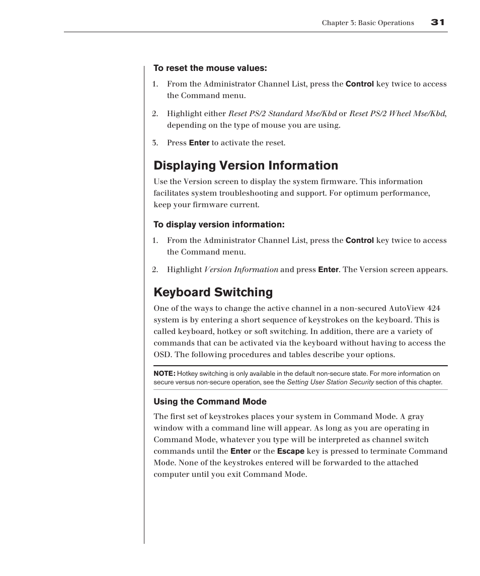 Displaying version information, Keyboard switching | Avocent 416 User Manual | Page 37 / 56