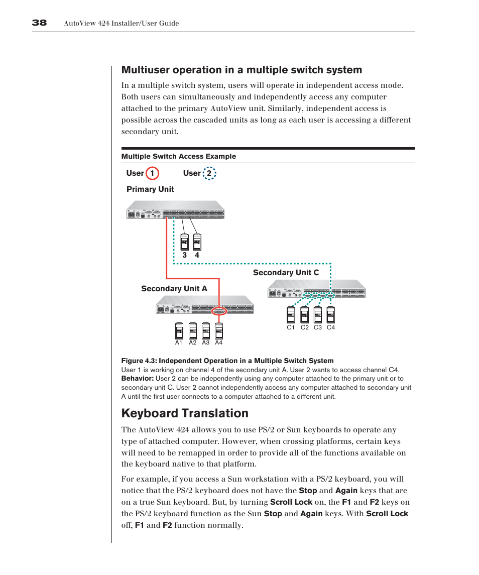 Keyboard translation, Multiuser operation in a multiple switch system | Avocent 416 User Manual | Page 44 / 56