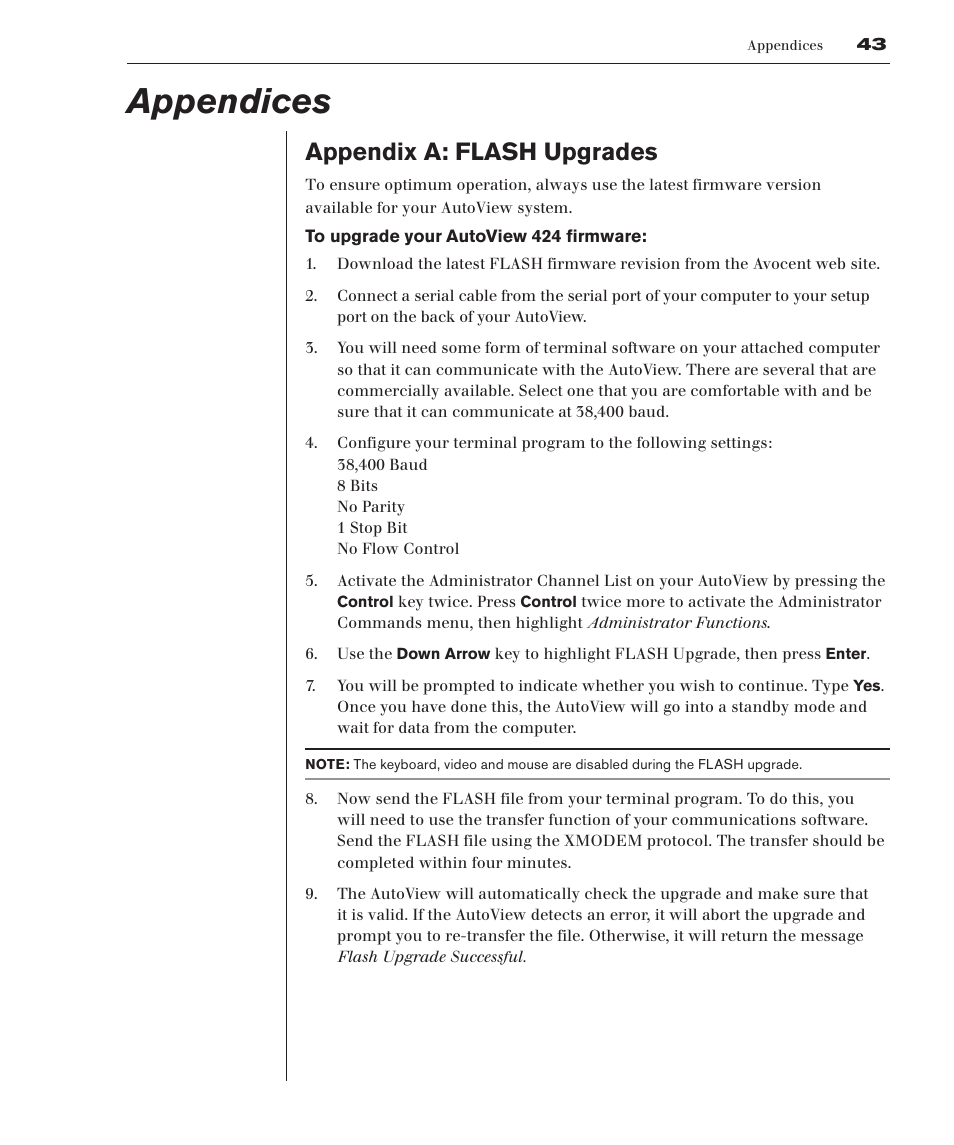 Appendices, Appendix a: flash upgrades | Avocent 416 User Manual | Page 49 / 56