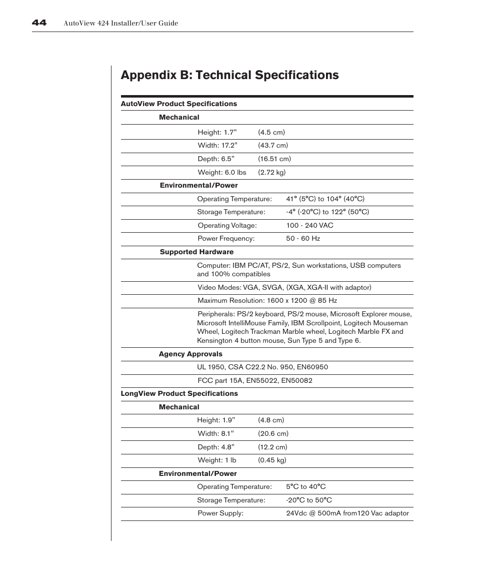 Appendix b: technical specifications | Avocent 416 User Manual | Page 50 / 56