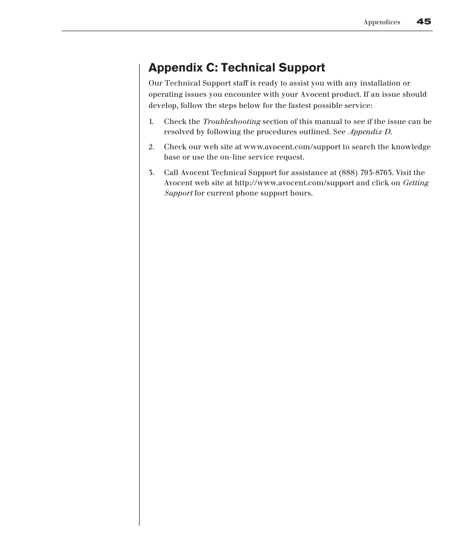 Appendix c: technical support | Avocent 416 User Manual | Page 51 / 56