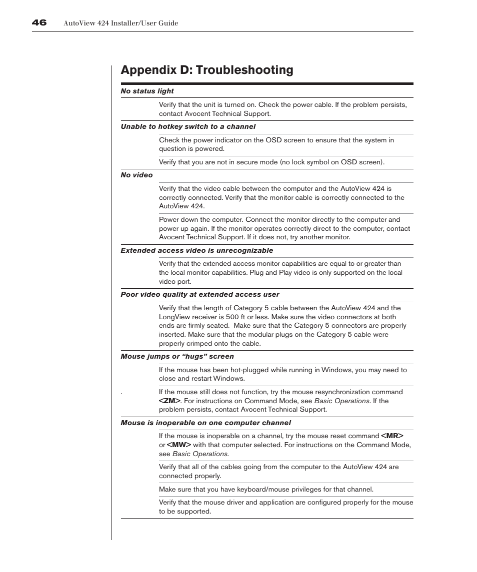 Appendix d: troubleshooting | Avocent 416 User Manual | Page 52 / 56