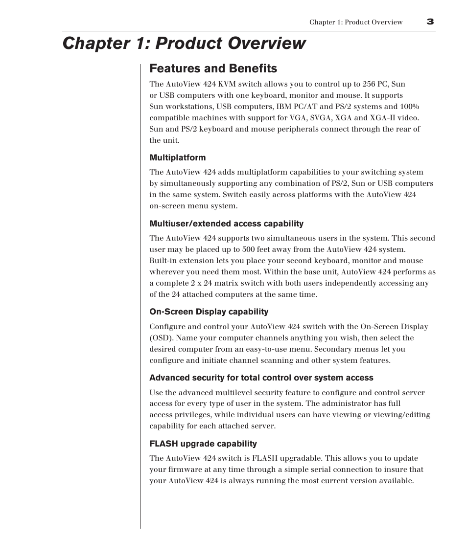 Chapter 1: product overview, Features and benefits | Avocent 416 User Manual | Page 9 / 56