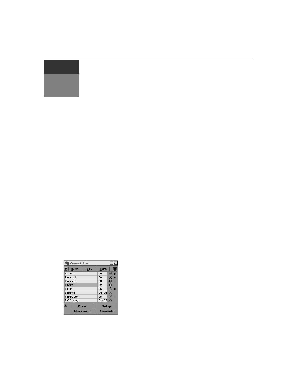 Basic operations, Controlling your system at the analog ports, Viewing and selecting ports and servers | Chapter 3: basic operations, Figure 3.1: examp | Avocent AutoView 1515 User Manual | Page 29 / 68