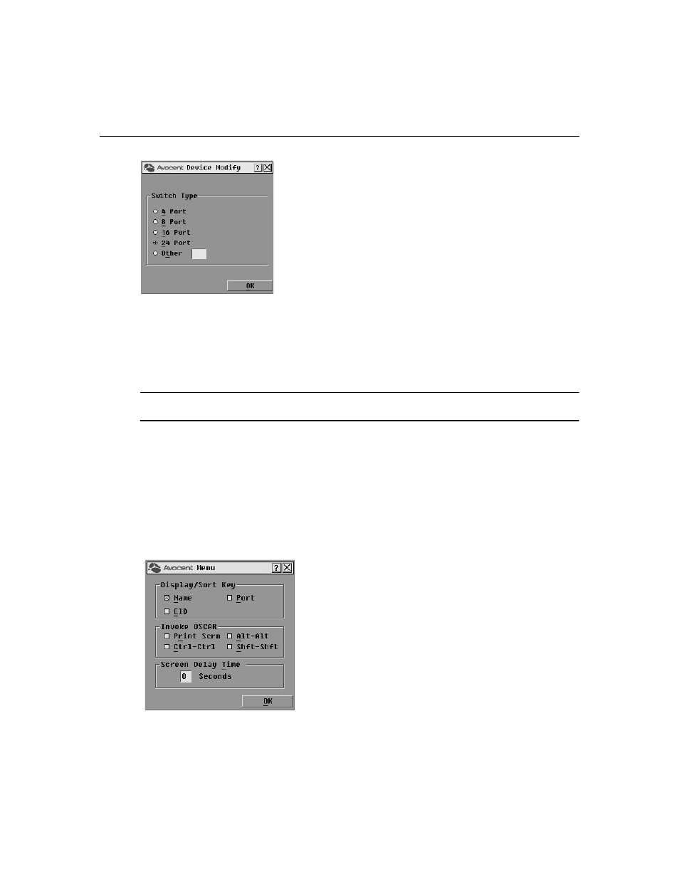 Changing the display behavior, Figure 3.7: device modify dialog, Figure 3.8: menu | Avocent AutoView 1515 User Manual | Page 37 / 68