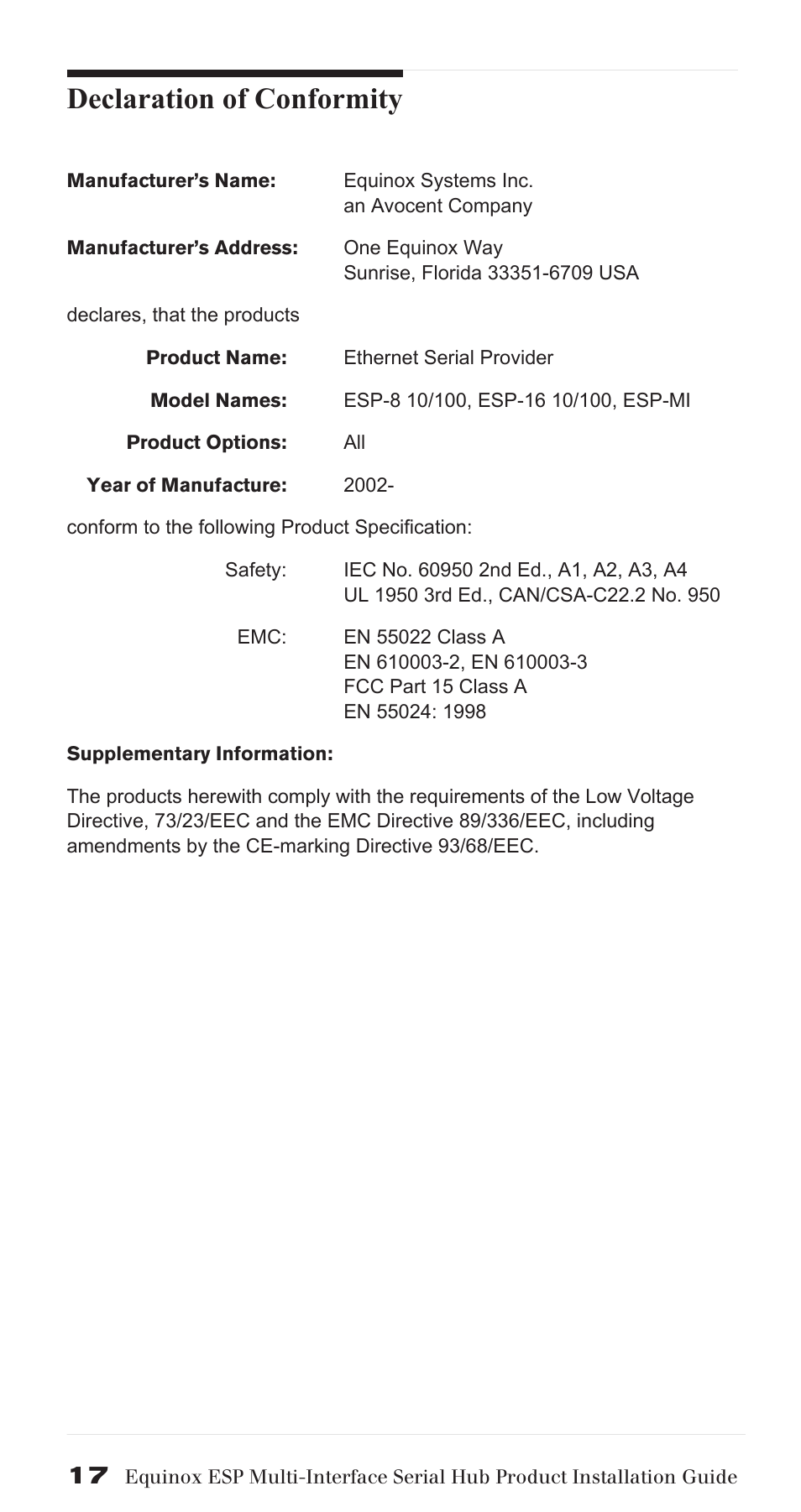 Declaration of conformity | Avocent ESP Multi-Interface Serial Hub SuperSerial User Manual | Page 17 / 20