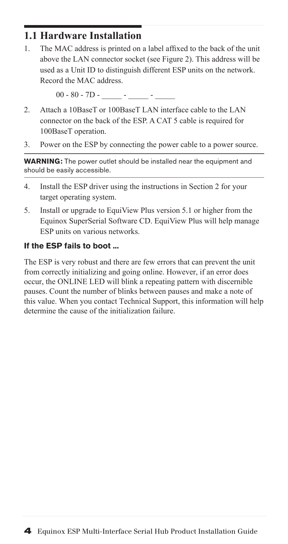 1 hardware installation | Avocent ESP Multi-Interface Serial Hub SuperSerial User Manual | Page 4 / 20