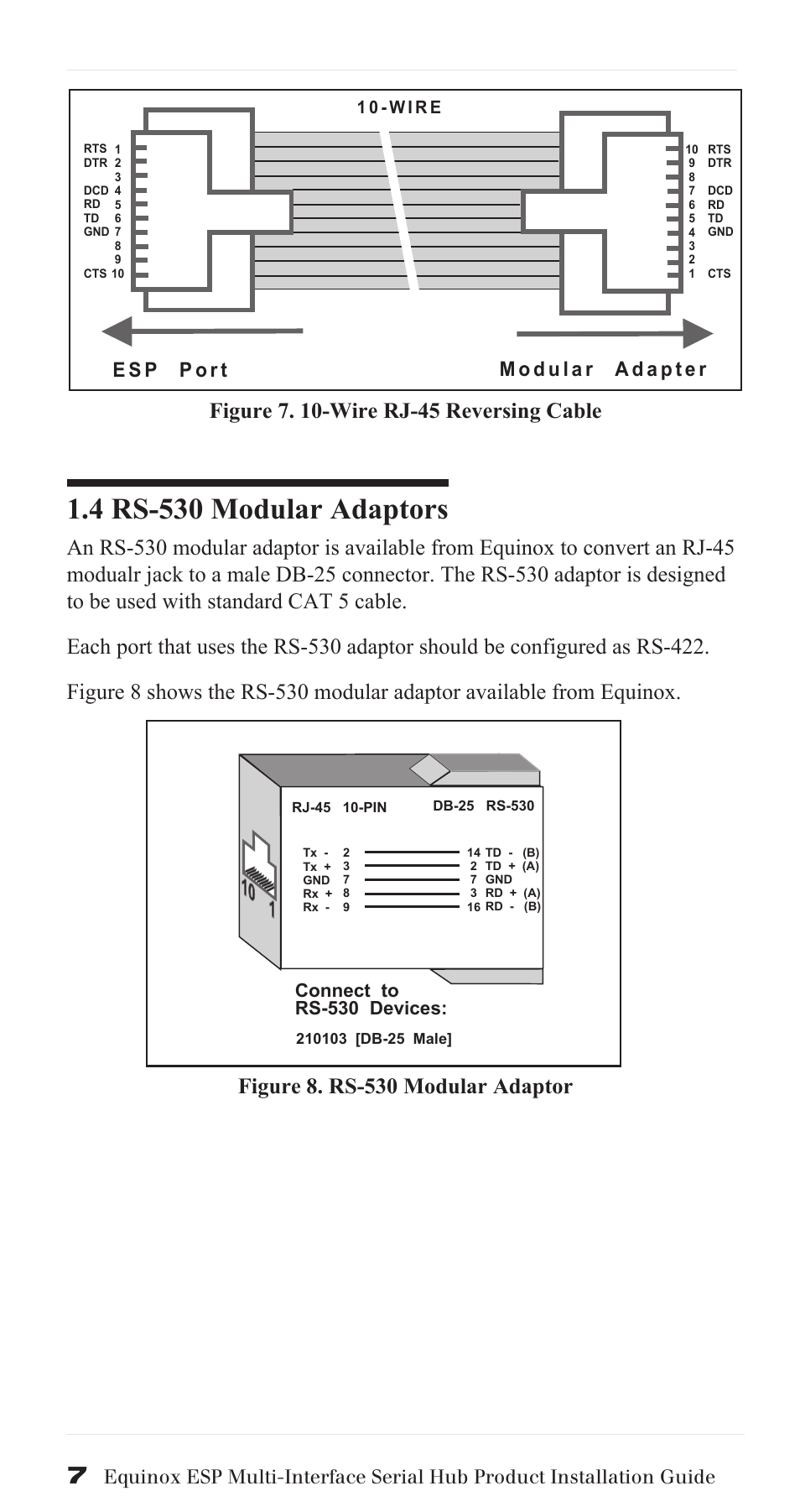4 rs-530 modular adaptors, Connect to rs-530 devices, 1 0 - w i r e | Avocent ESP Multi-Interface Serial Hub SuperSerial User Manual | Page 7 / 20