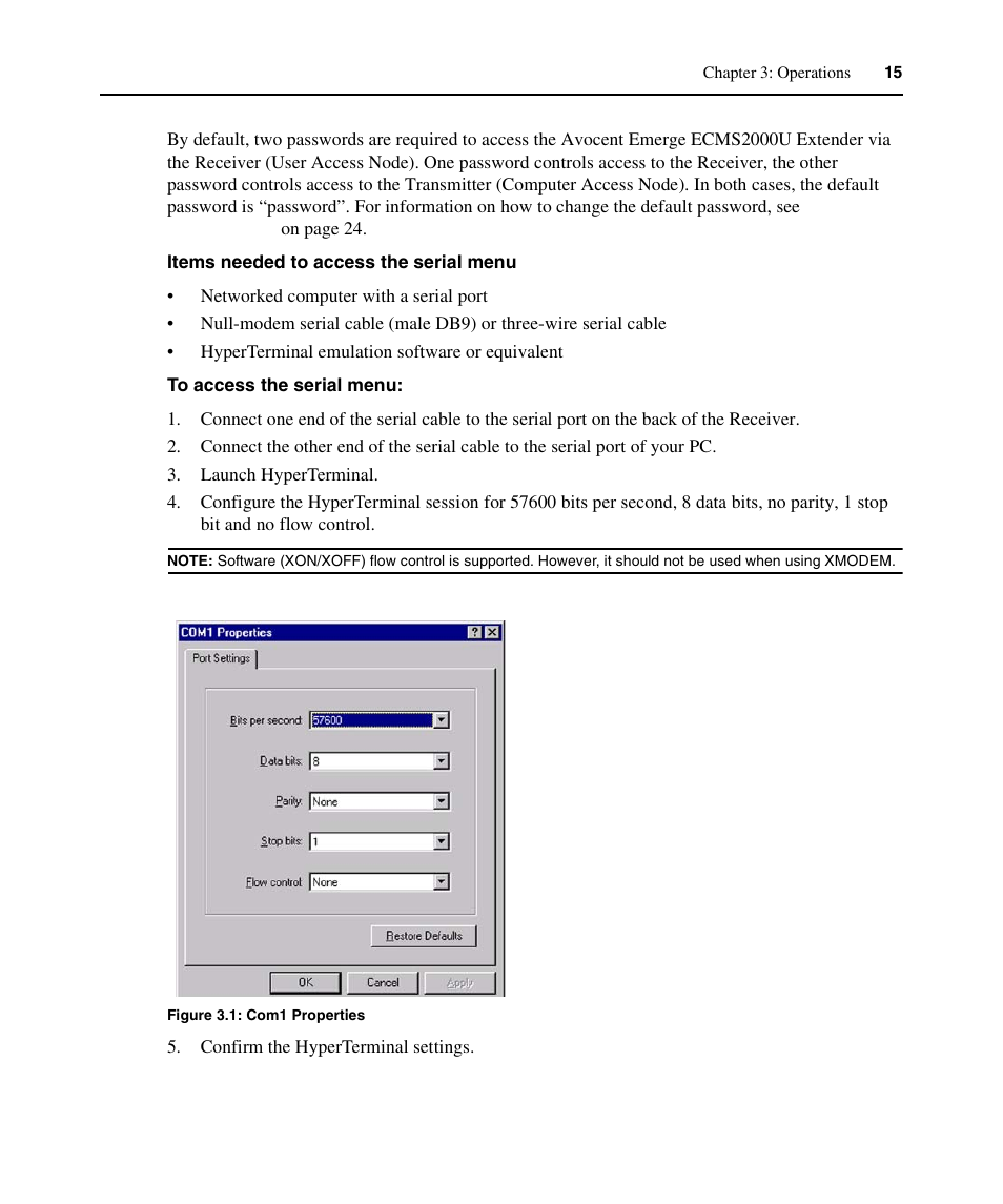 Figure 3.1: com1 properties | Avocent ECMS2000U User Manual | Page 26 / 62