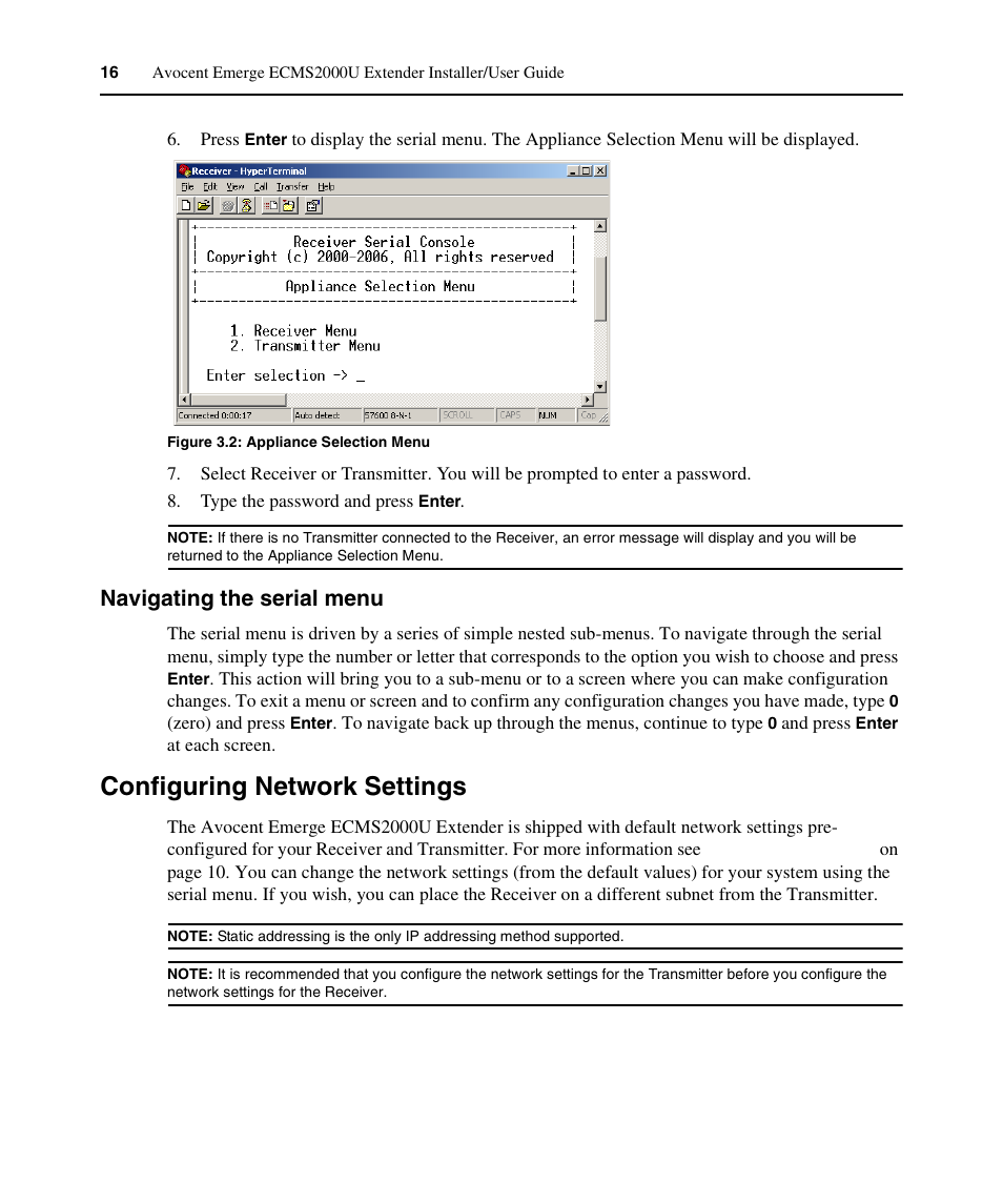 Navigating the serial menu, Configuring network settings, Figure 3.2: appliance selection menu | Avocent ECMS2000U User Manual | Page 27 / 62