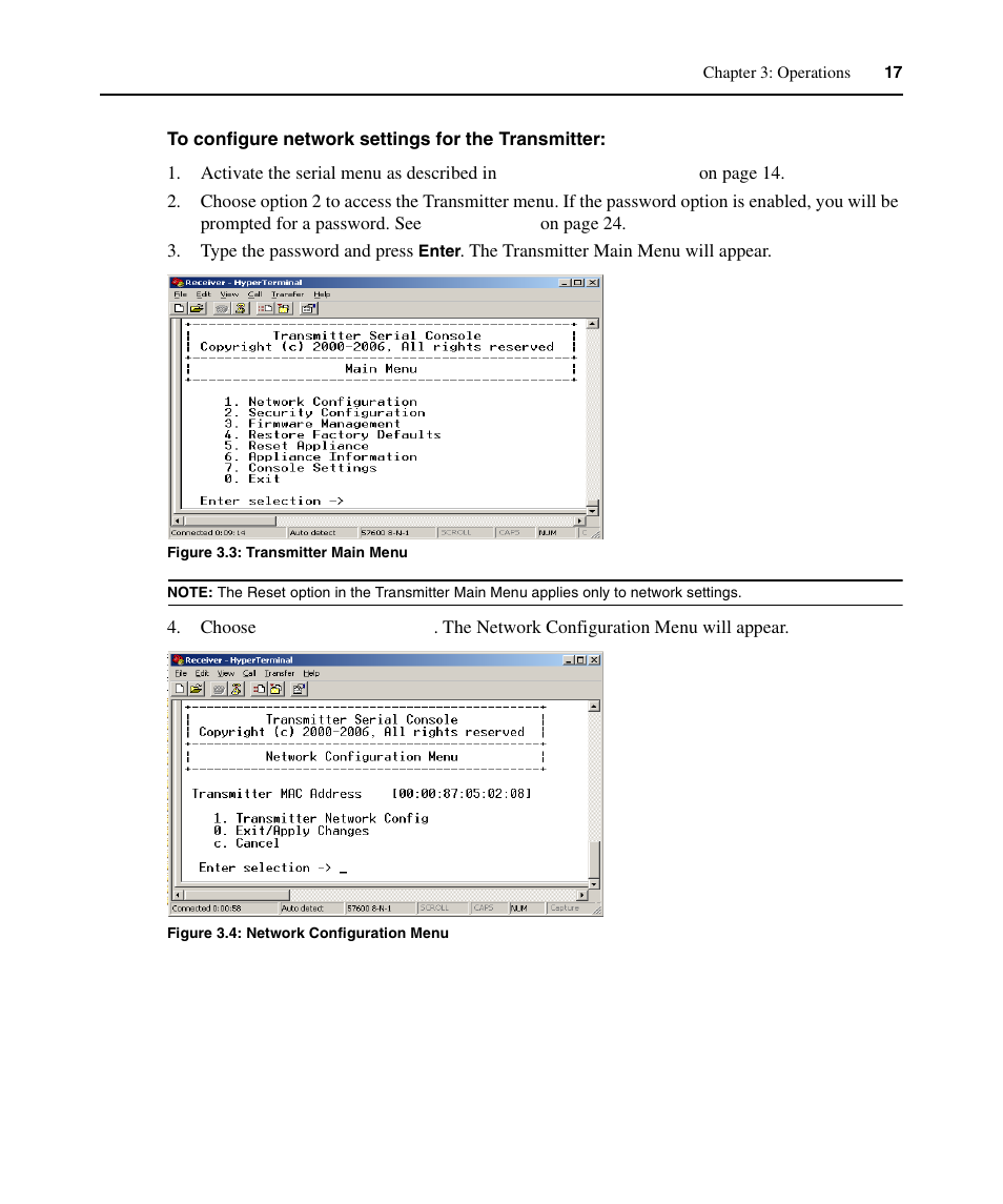 Figure 3.3: transmitter main menu, Figure 3.4: network configuration menu | Avocent ECMS2000U User Manual | Page 28 / 62