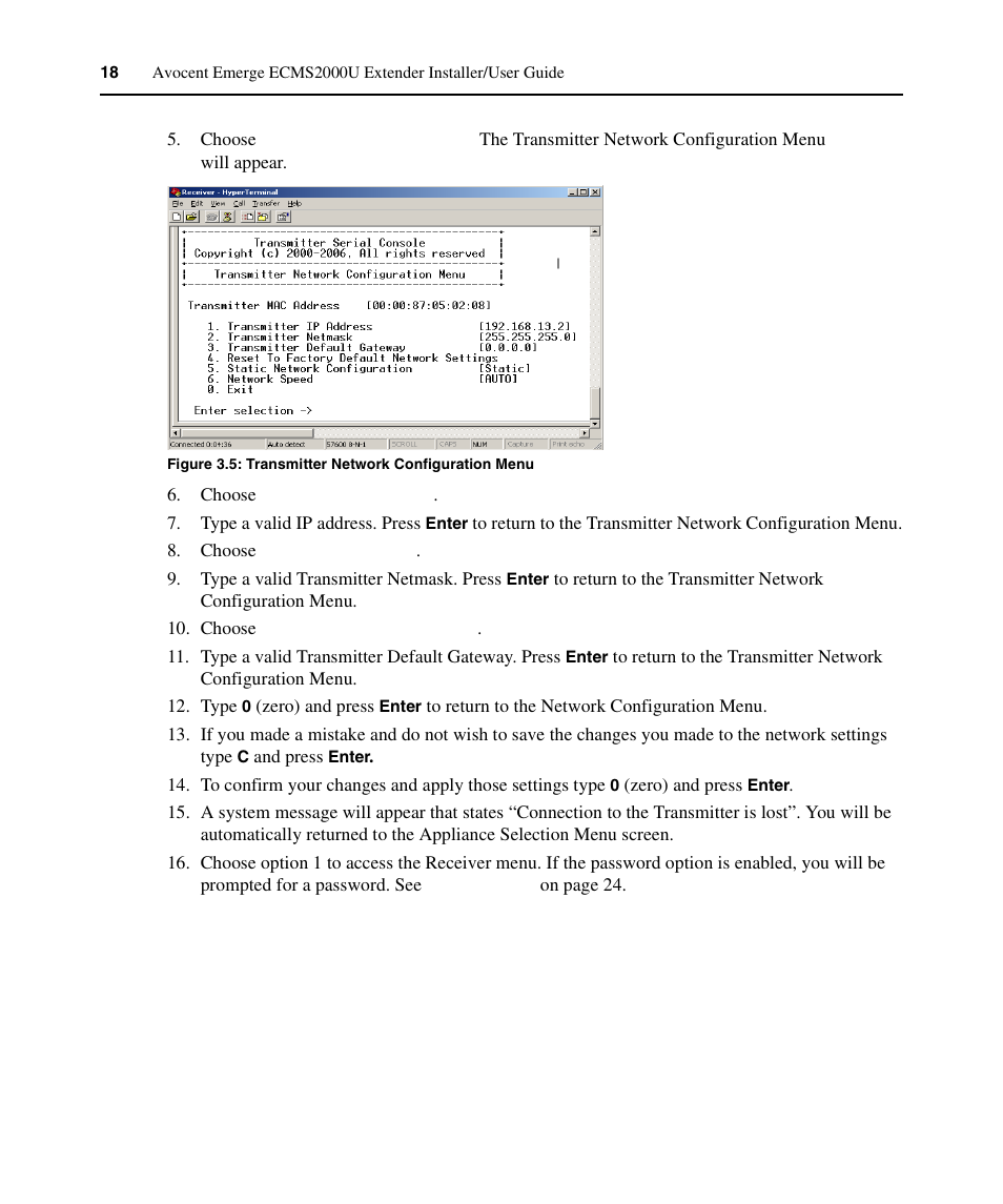 Figure 3.5: transmitter network configuration menu | Avocent ECMS2000U User Manual | Page 29 / 62