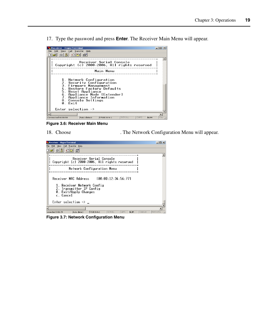 Figure 3.6: receiver main menu, Figure 3.7: network configuration menu | Avocent ECMS2000U User Manual | Page 30 / 62