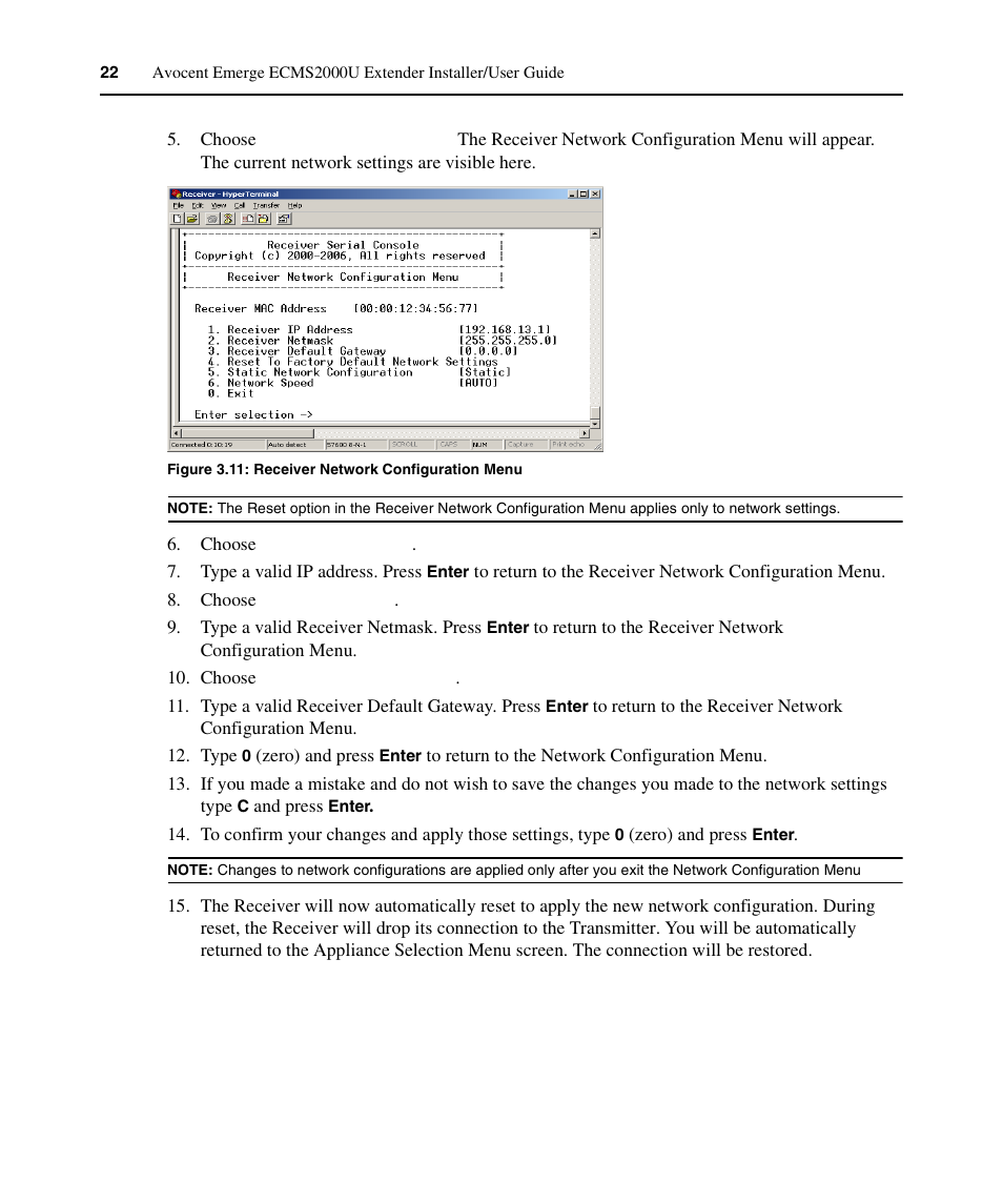 Figure 3.11: receiver network configuration menu | Avocent ECMS2000U User Manual | Page 33 / 62