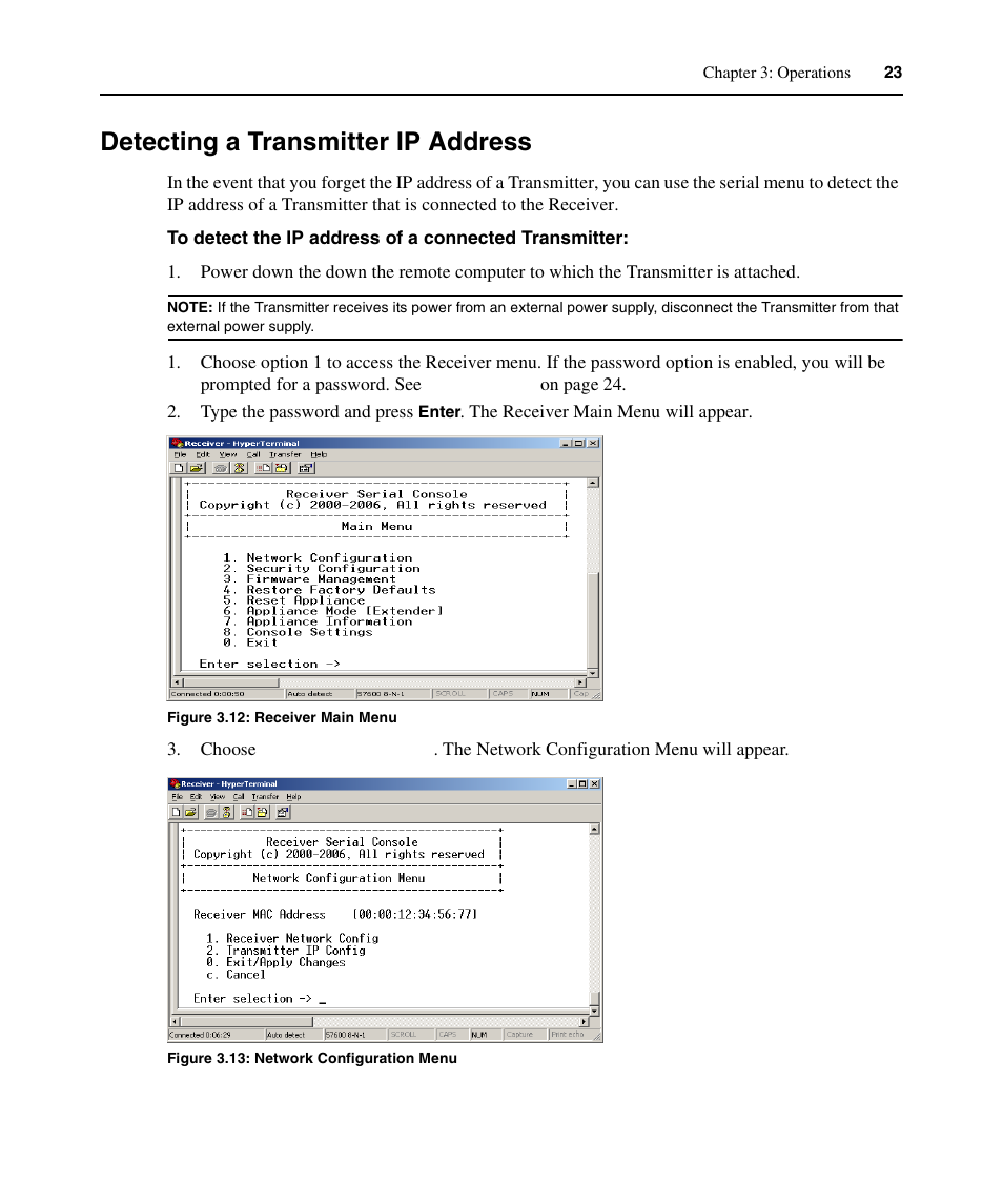 Detecting a transmitter ip address, Figure 3.12: receiver main menu, Figure 3.13: network configuration menu | Avocent ECMS2000U User Manual | Page 34 / 62