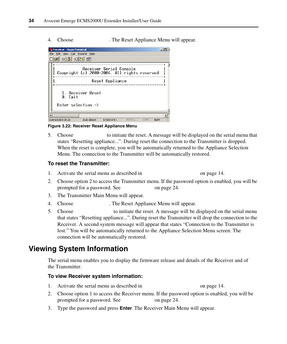 Viewing system information, Figure 3.22: receiver reset appliance menu | Avocent ECMS2000U User Manual | Page 45 / 62