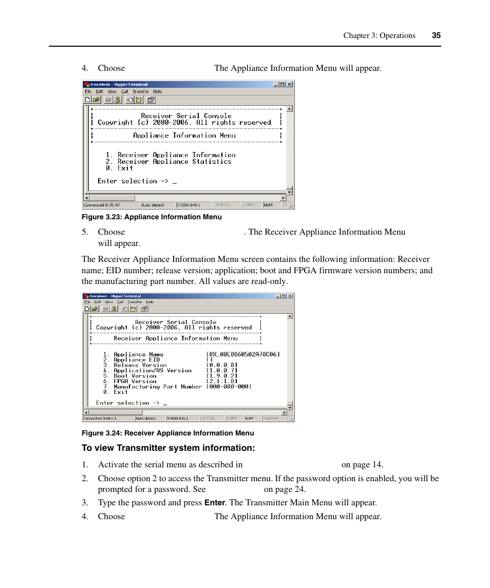 Figure 3.23: appliance information menu, Figure 3.24: receiver appliance information menu | Avocent ECMS2000U User Manual | Page 46 / 62
