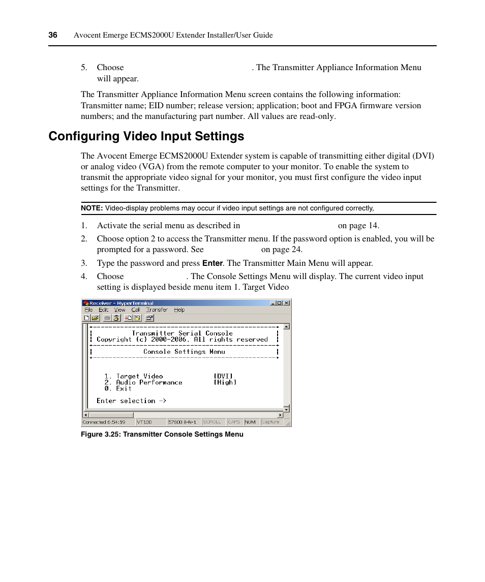 Configuring video input settings, Figure 3.25: transmitter console settings menu | Avocent ECMS2000U User Manual | Page 47 / 62