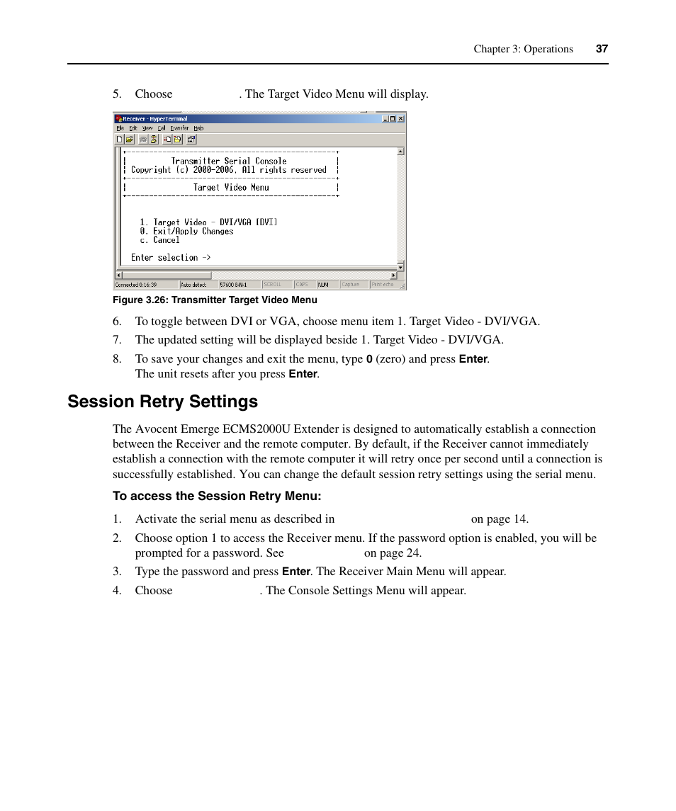 Session retry settings, Figure 3.26: transmitter target video menu | Avocent ECMS2000U User Manual | Page 48 / 62