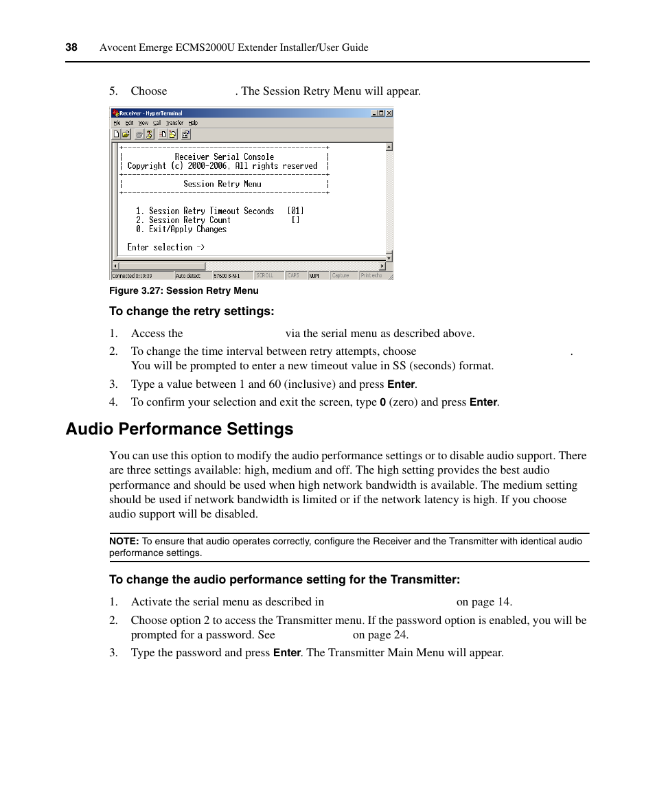 Audio performance settings, Figure 3.27: session retry menu | Avocent ECMS2000U User Manual | Page 49 / 62