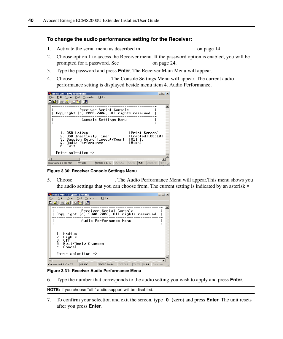 Figure 3.30: receiver console settings menu, Figure 3.31: receiver audio performance menu | Avocent ECMS2000U User Manual | Page 51 / 62
