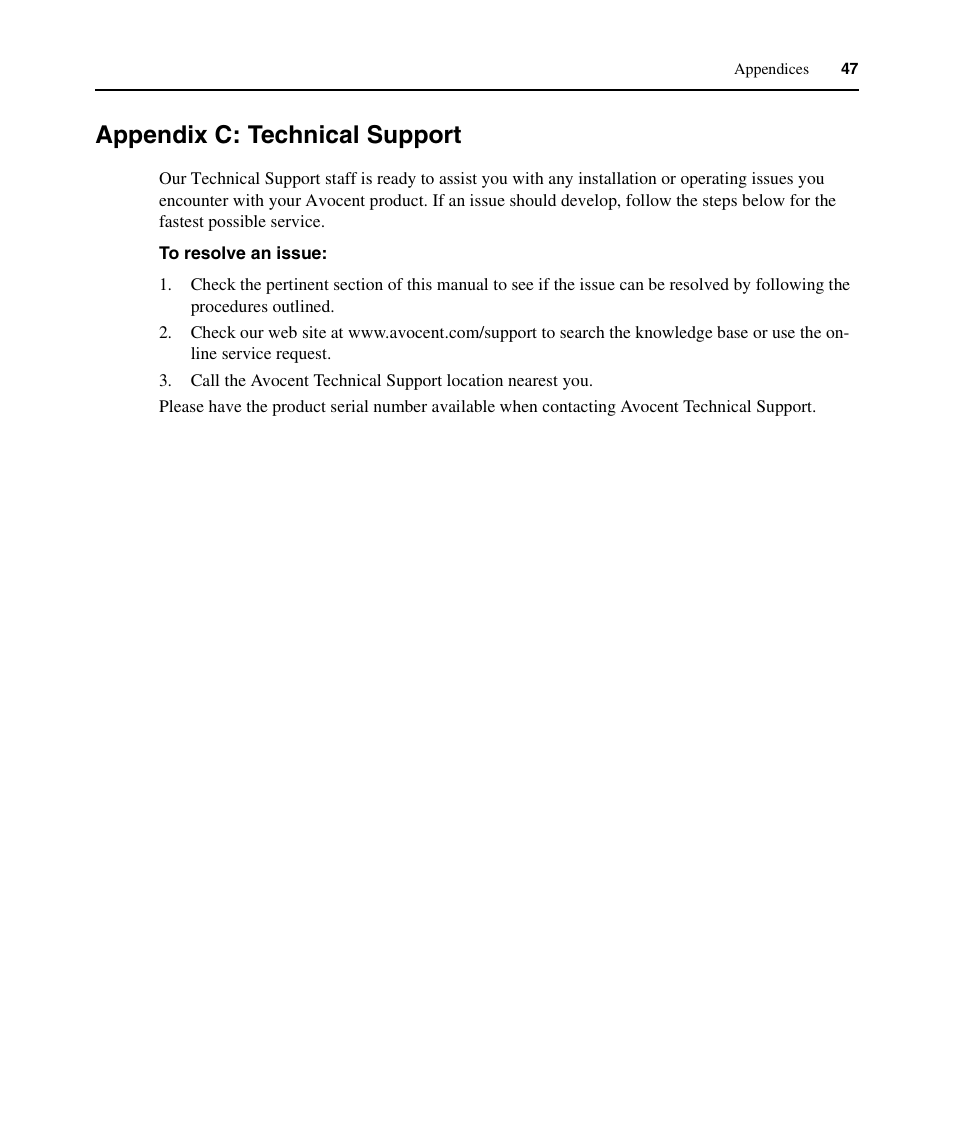 Appendix c: technical support | Avocent ECMS2000U User Manual | Page 58 / 62
