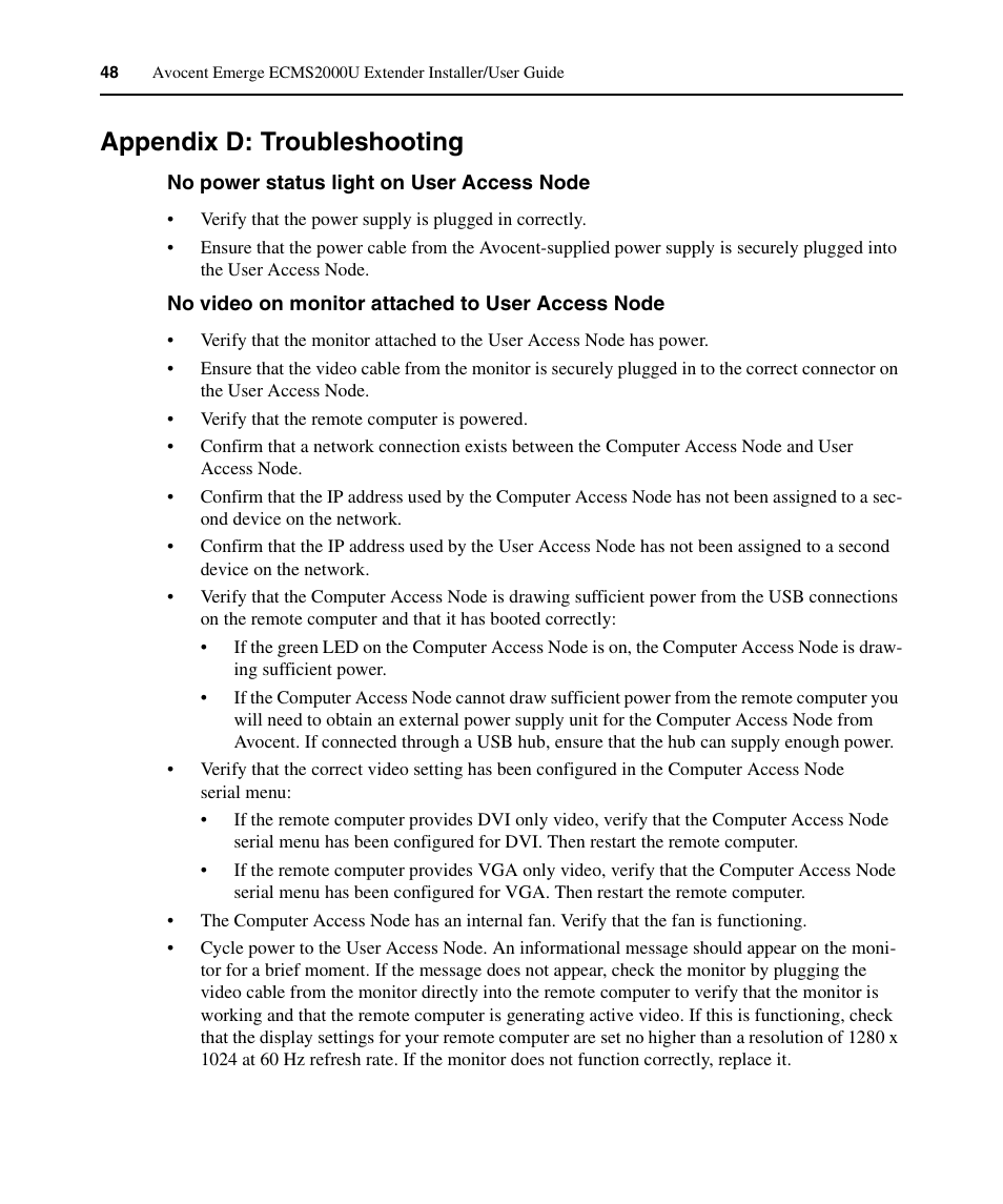 Appendix d: troubleshooting | Avocent ECMS2000U User Manual | Page 59 / 62
