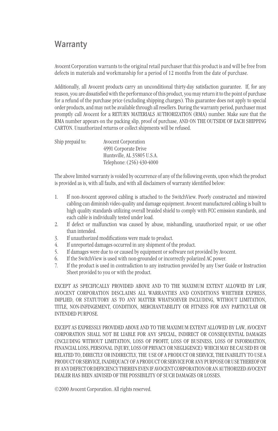 Warranty | Avocent SwitchView User Manual | Page 15 / 16