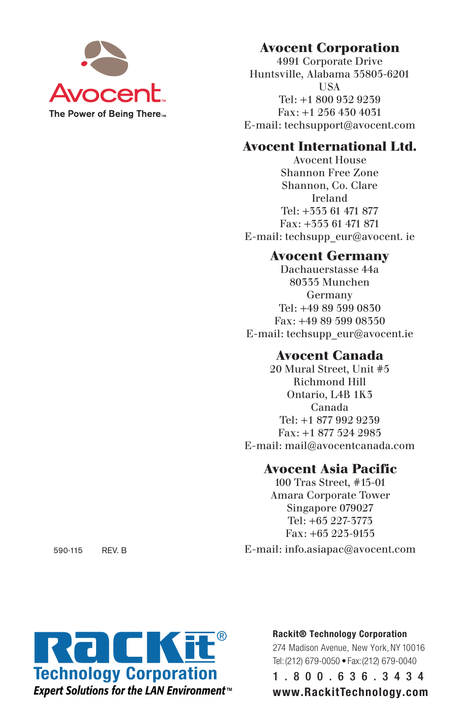 Technology corporation, Avocent corporation, Avocent international ltd | Avocent germany, Avocent asia pacific, Avocent canada | Avocent SwitchView User Manual | Page 16 / 16