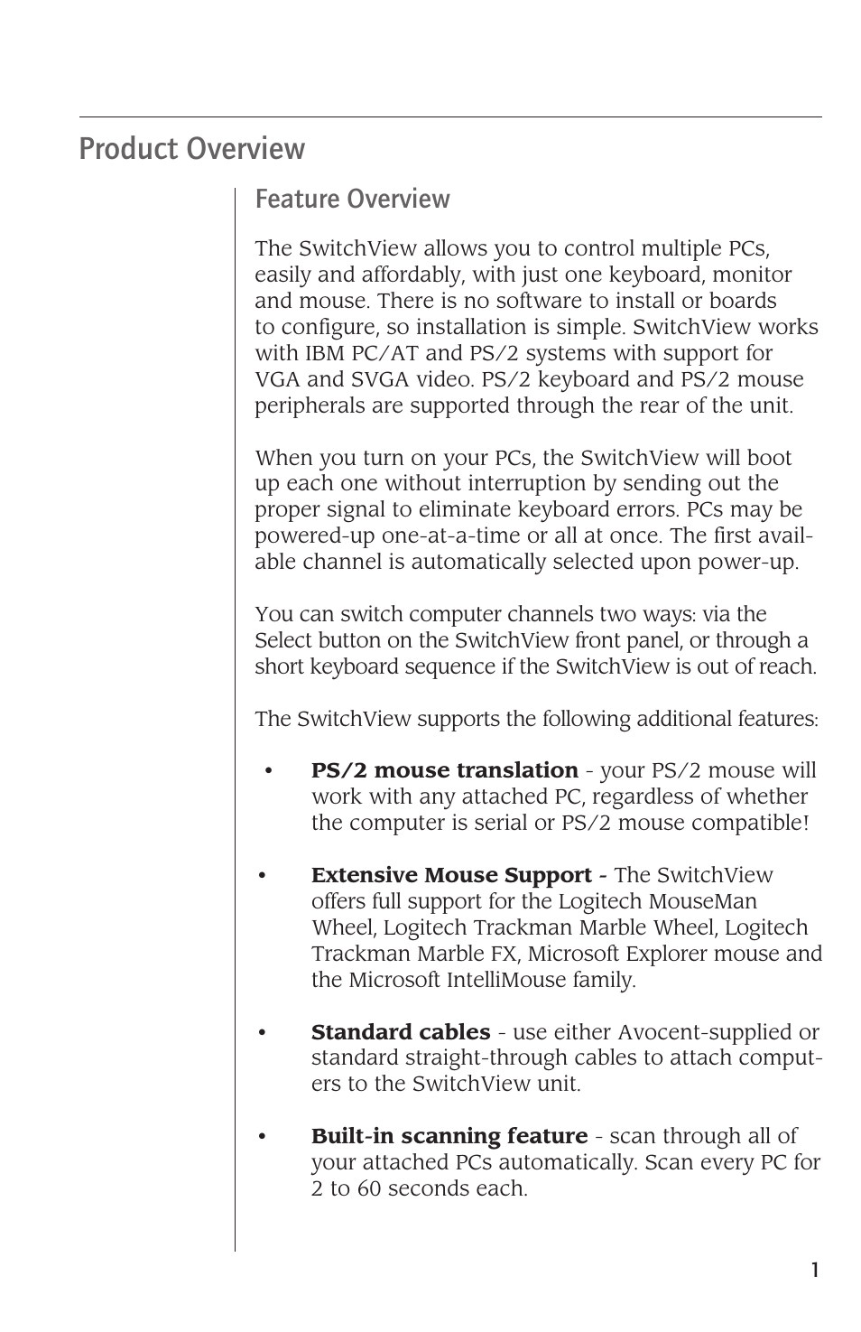 Product overview, Feature overview | Avocent SwitchView User Manual | Page 3 / 16