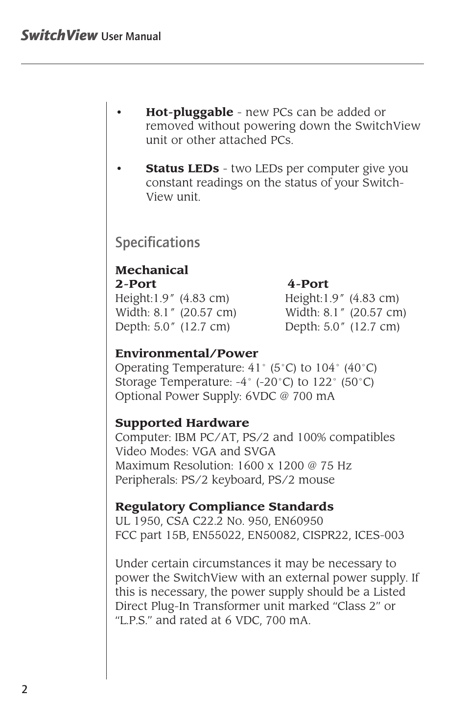Switchview, Specifications | Avocent SwitchView User Manual | Page 4 / 16