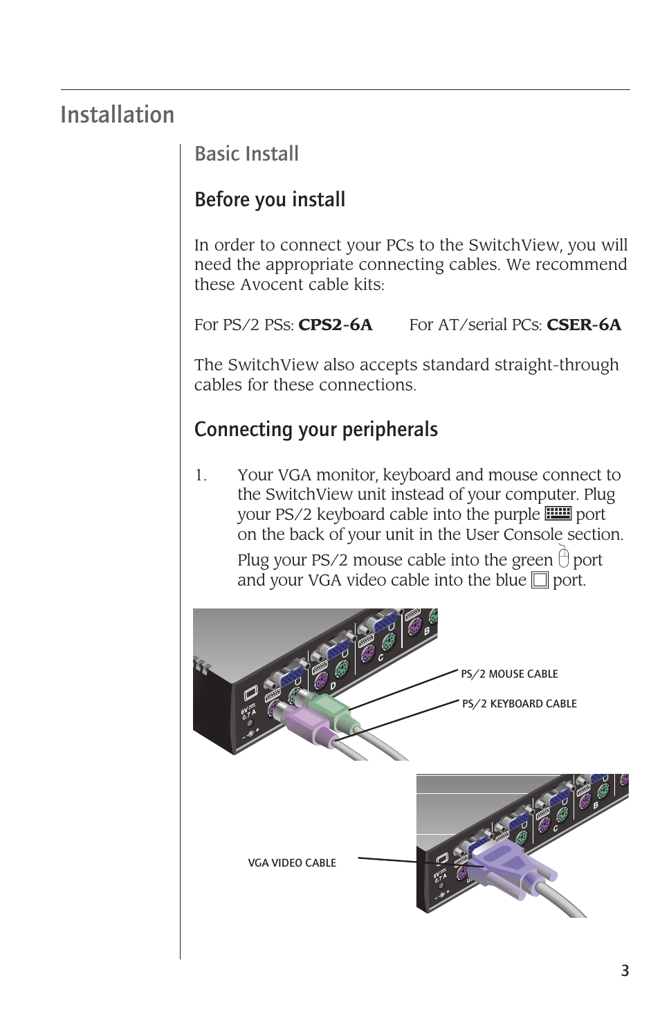 Installation, Basic install before you install, Connecting your peripherals | Avocent SwitchView User Manual | Page 5 / 16