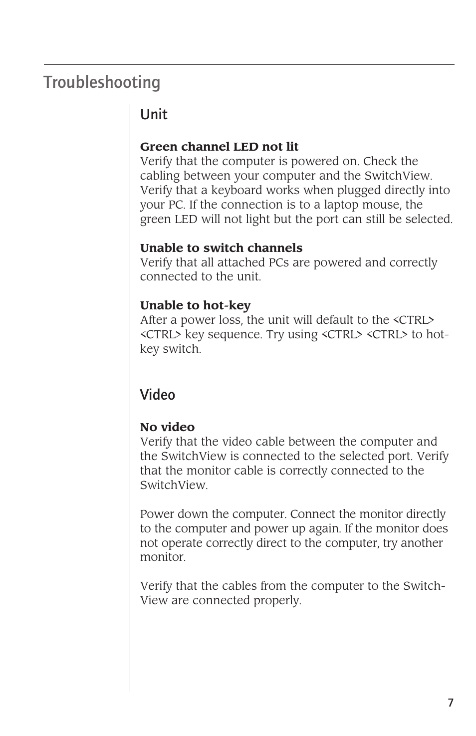 Troubleshooting, Unit, Video | Avocent SwitchView User Manual | Page 9 / 16