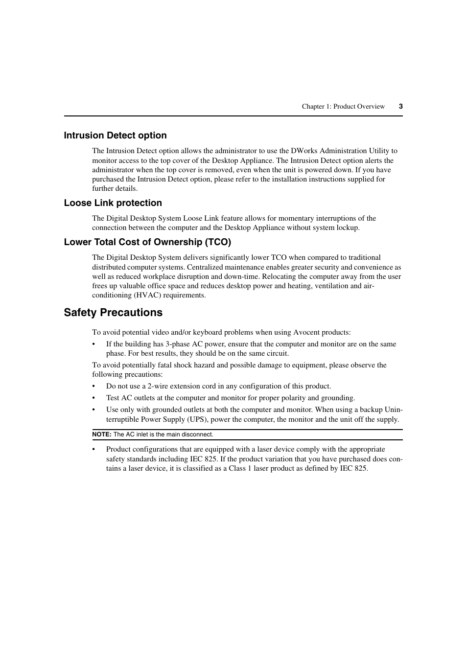 Intrusion detect option, Loose link protection, Lower total cost of ownership (tco) | Safety precautions | Avocent L Series User Manual | Page 13 / 44