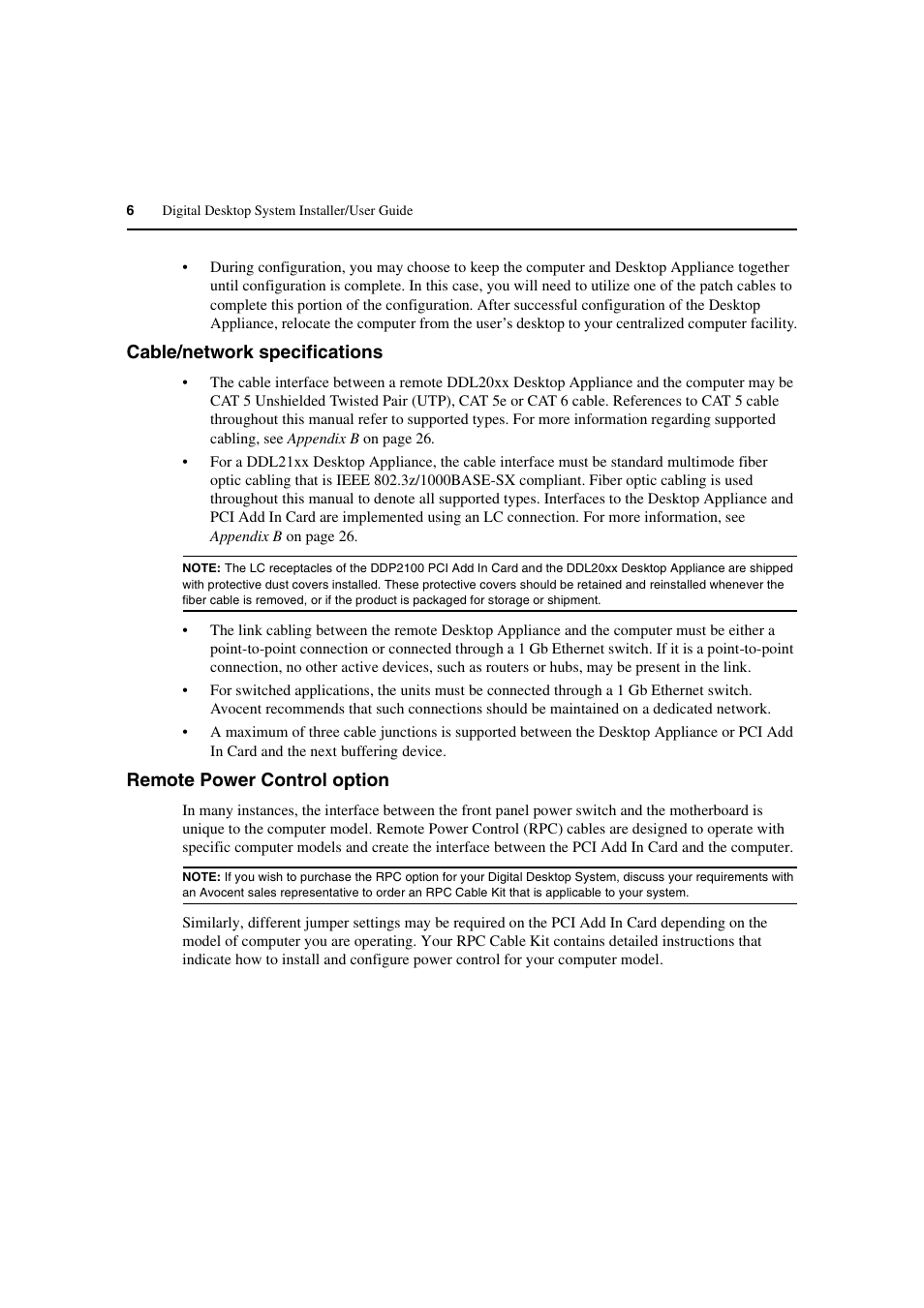 Cable/network specifications, Remote power control option | Avocent L Series User Manual | Page 16 / 44