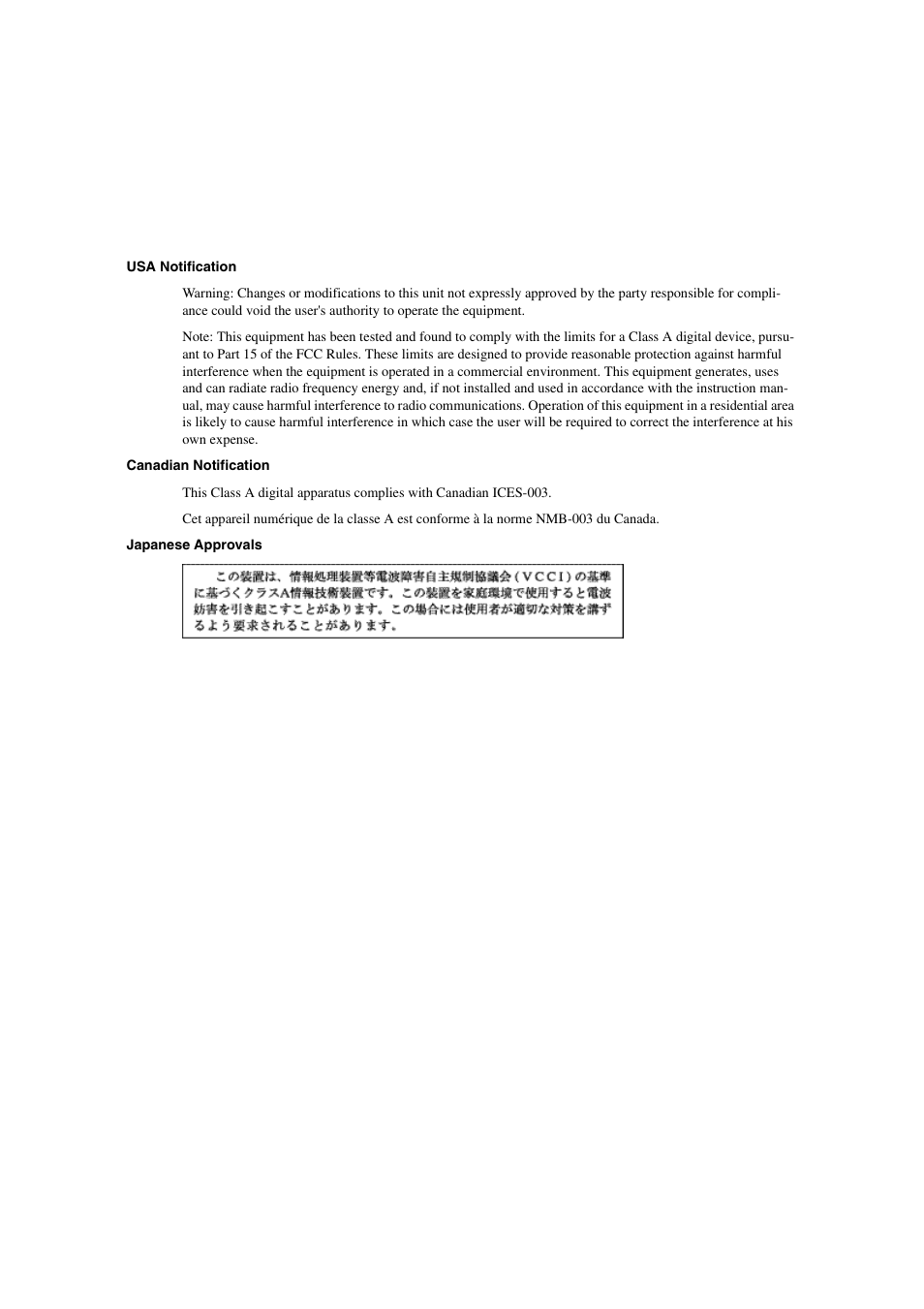 Usa notification, Canadian notification, Japanese approvals | Avocent L Series User Manual | Page 4 / 44