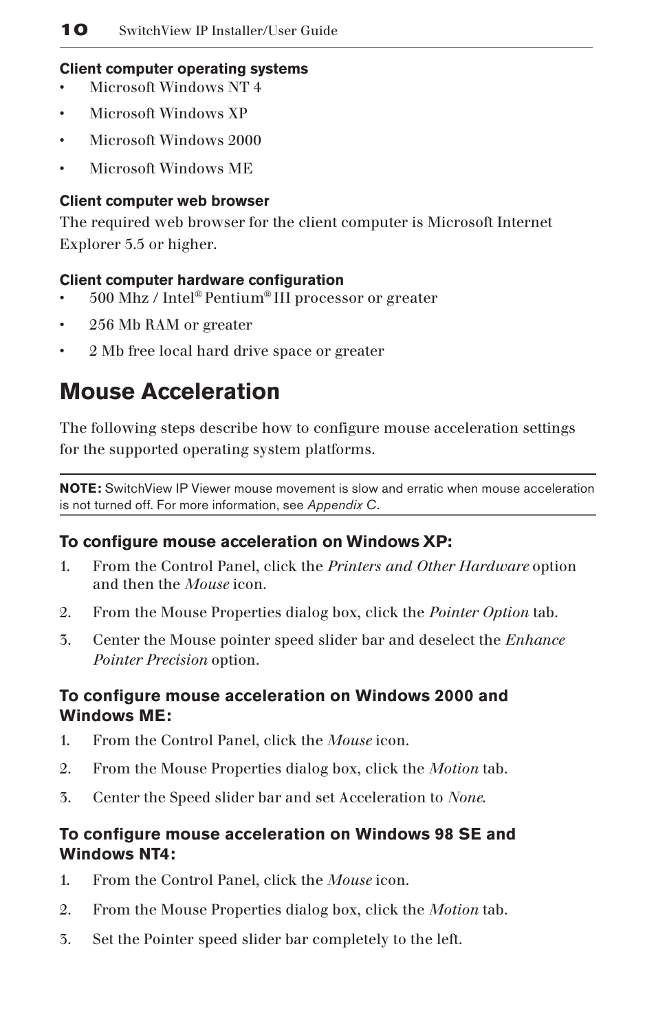 Mouse acceleration | Avocent SwitchView User Manual | Page 16 / 60