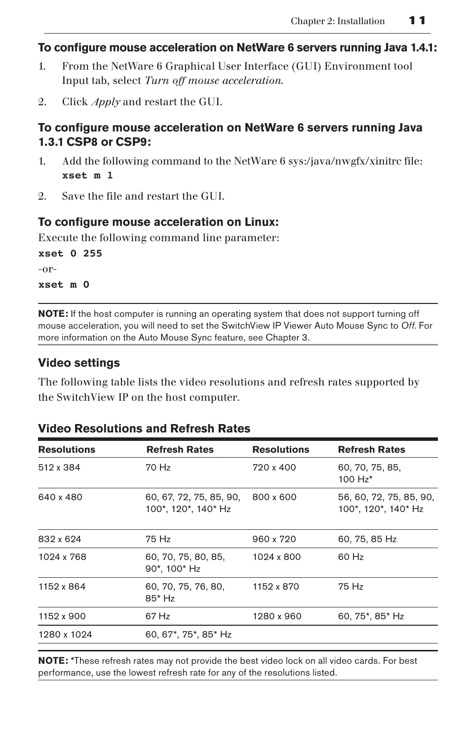 Video settings, Video resolutions and refresh rates | Avocent SwitchView User Manual | Page 17 / 60