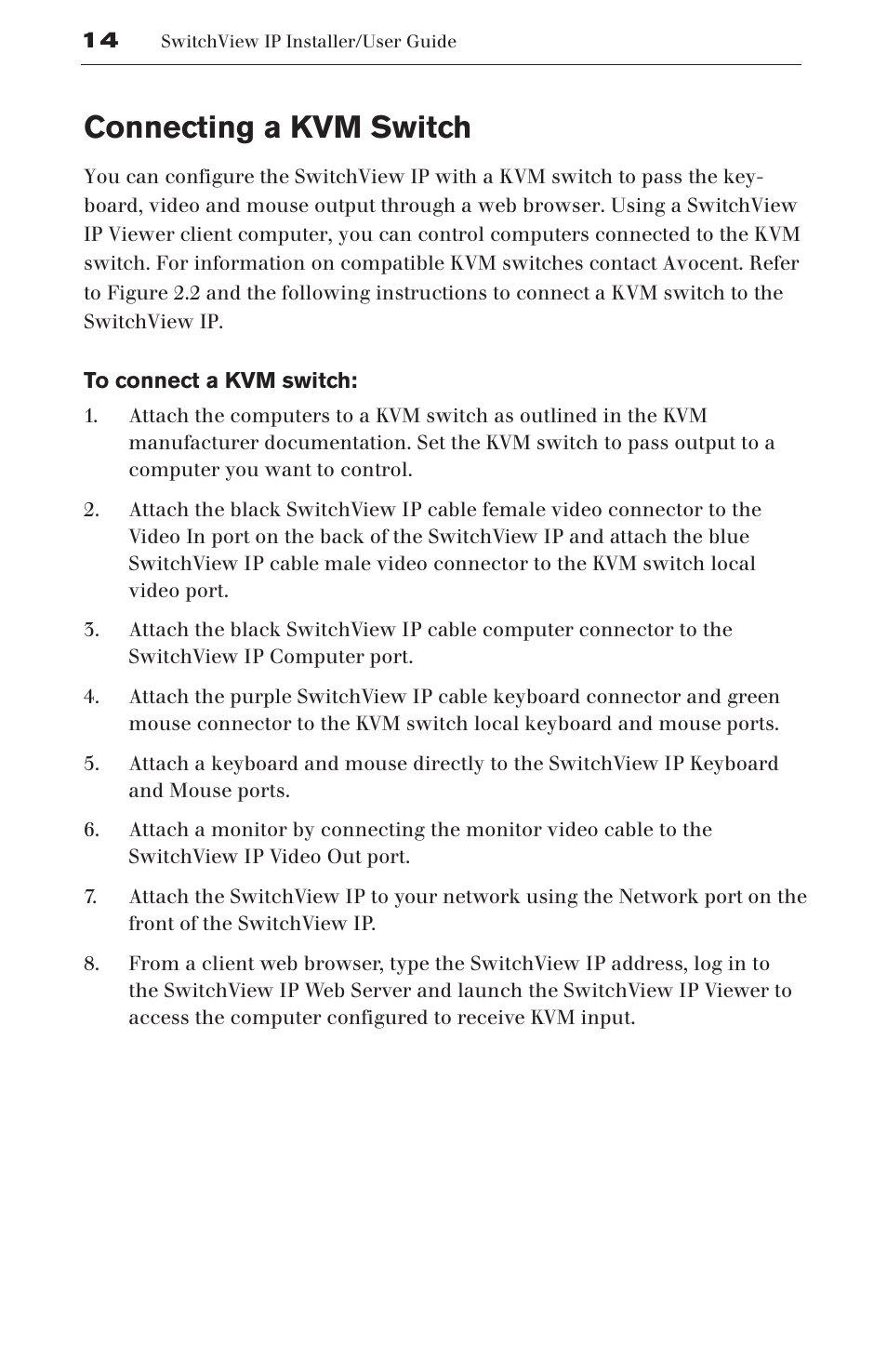 Connecting a kvm switch | Avocent SwitchView User Manual | Page 20 / 60