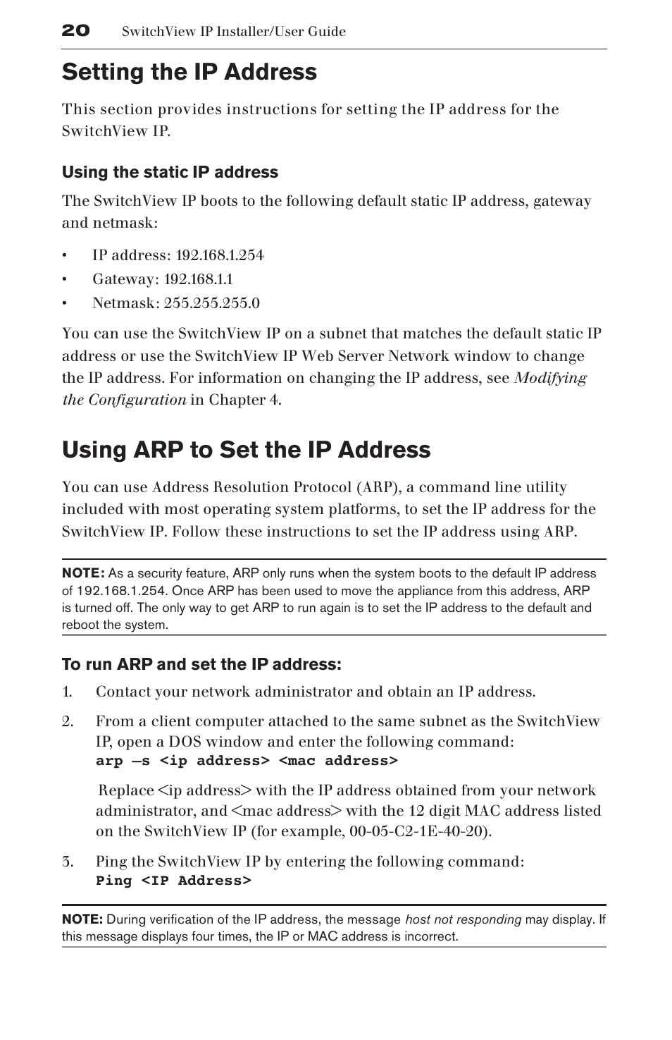 Setting the ip address, Using arp to set the ip address | Avocent SwitchView User Manual | Page 26 / 60
