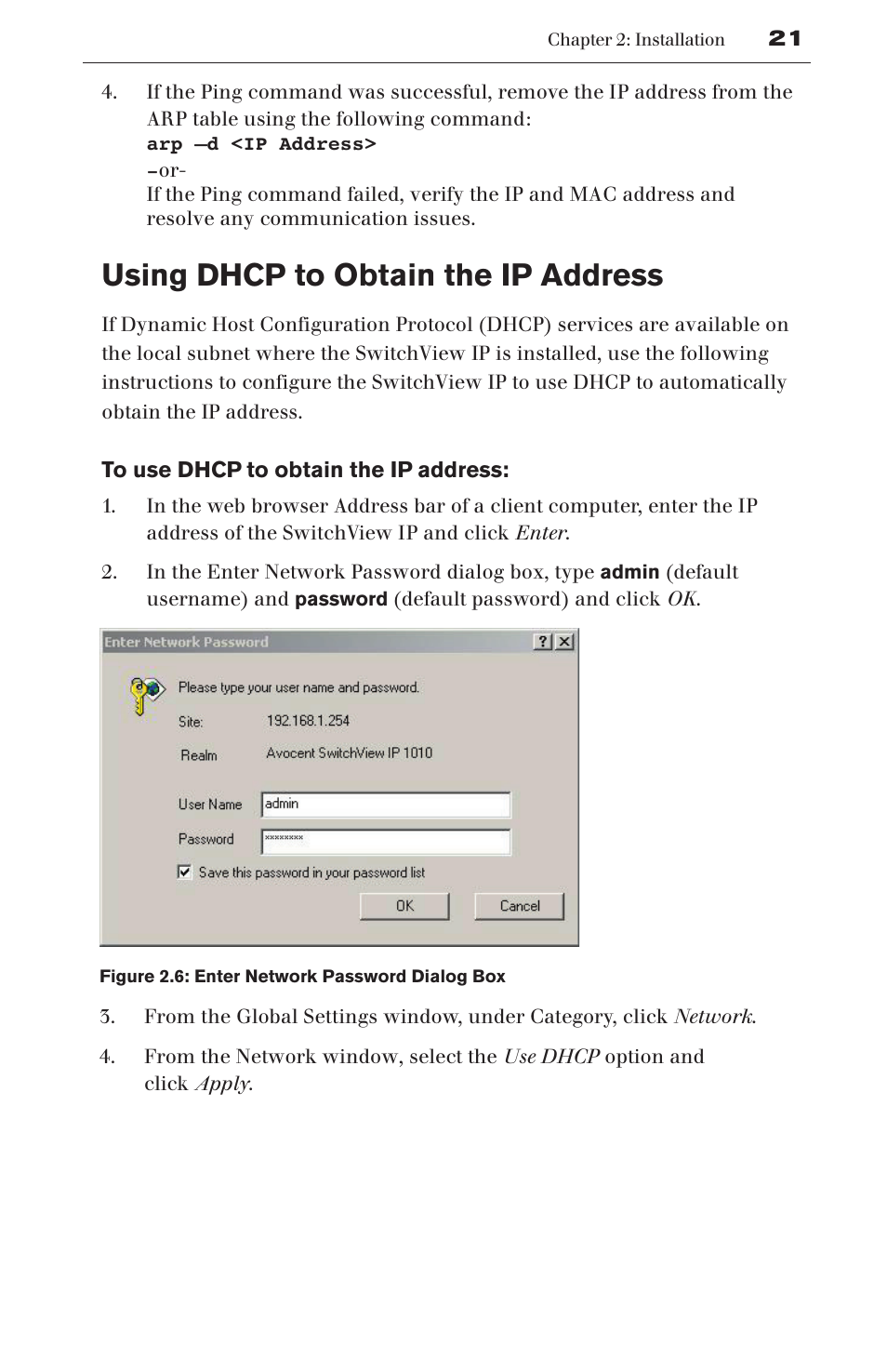 Using dhcp to obtain the ip address | Avocent SwitchView User Manual | Page 27 / 60