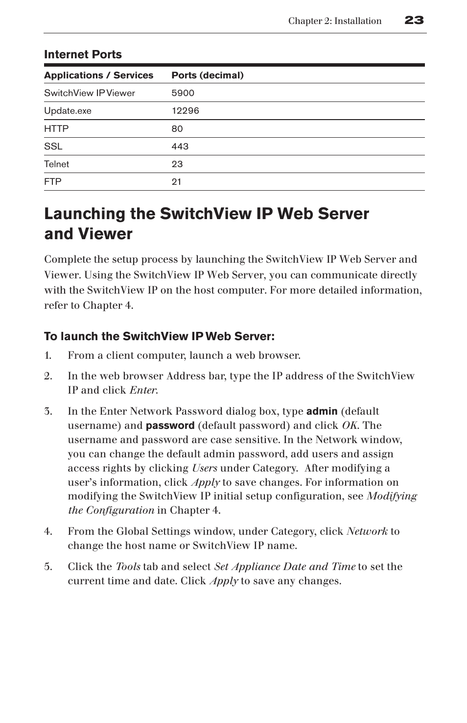 Launching the switchview ip web server and viewer, 23 internet ports | Avocent SwitchView User Manual | Page 29 / 60