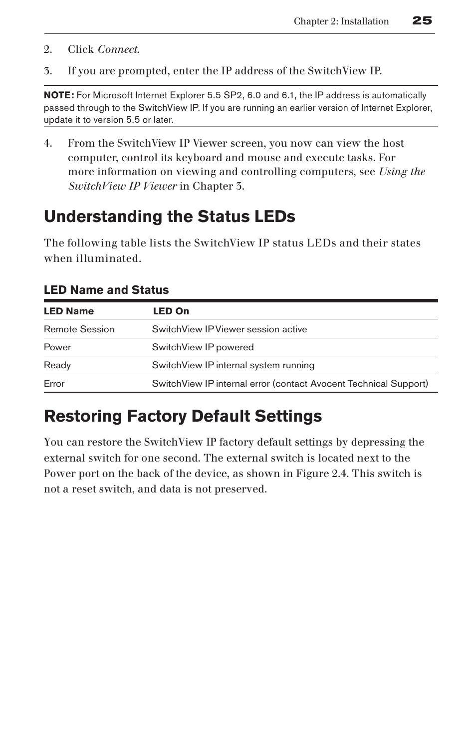 Understanding the status leds, Restoring factory default settings | Avocent SwitchView User Manual | Page 31 / 60