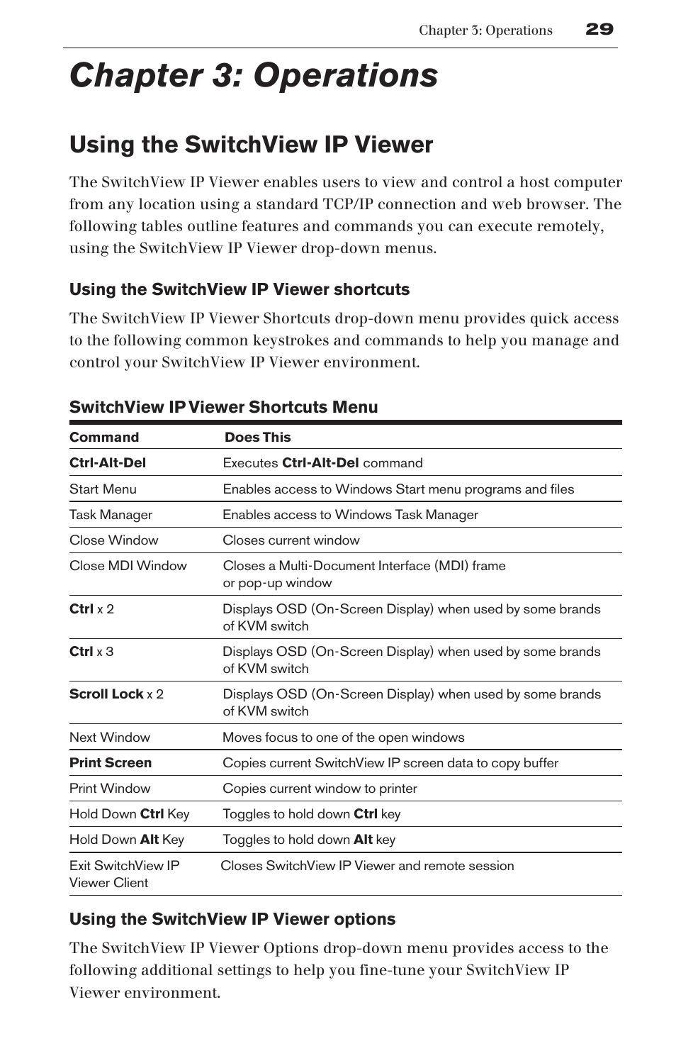 Chapter 3: operations, Using the switchview ip viewer, Using the switchview ip viewer shortcuts | Switchview ip viewer shortcuts menu, Using the switchview ip viewer options | Avocent SwitchView User Manual | Page 35 / 60