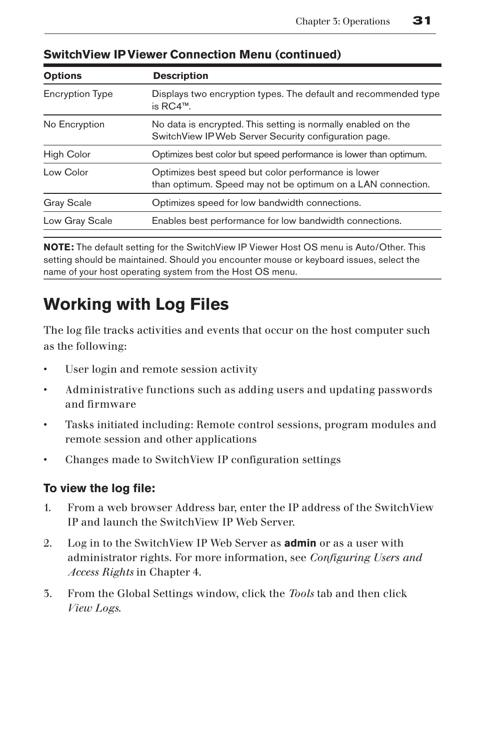 Working with log files | Avocent SwitchView User Manual | Page 37 / 60
