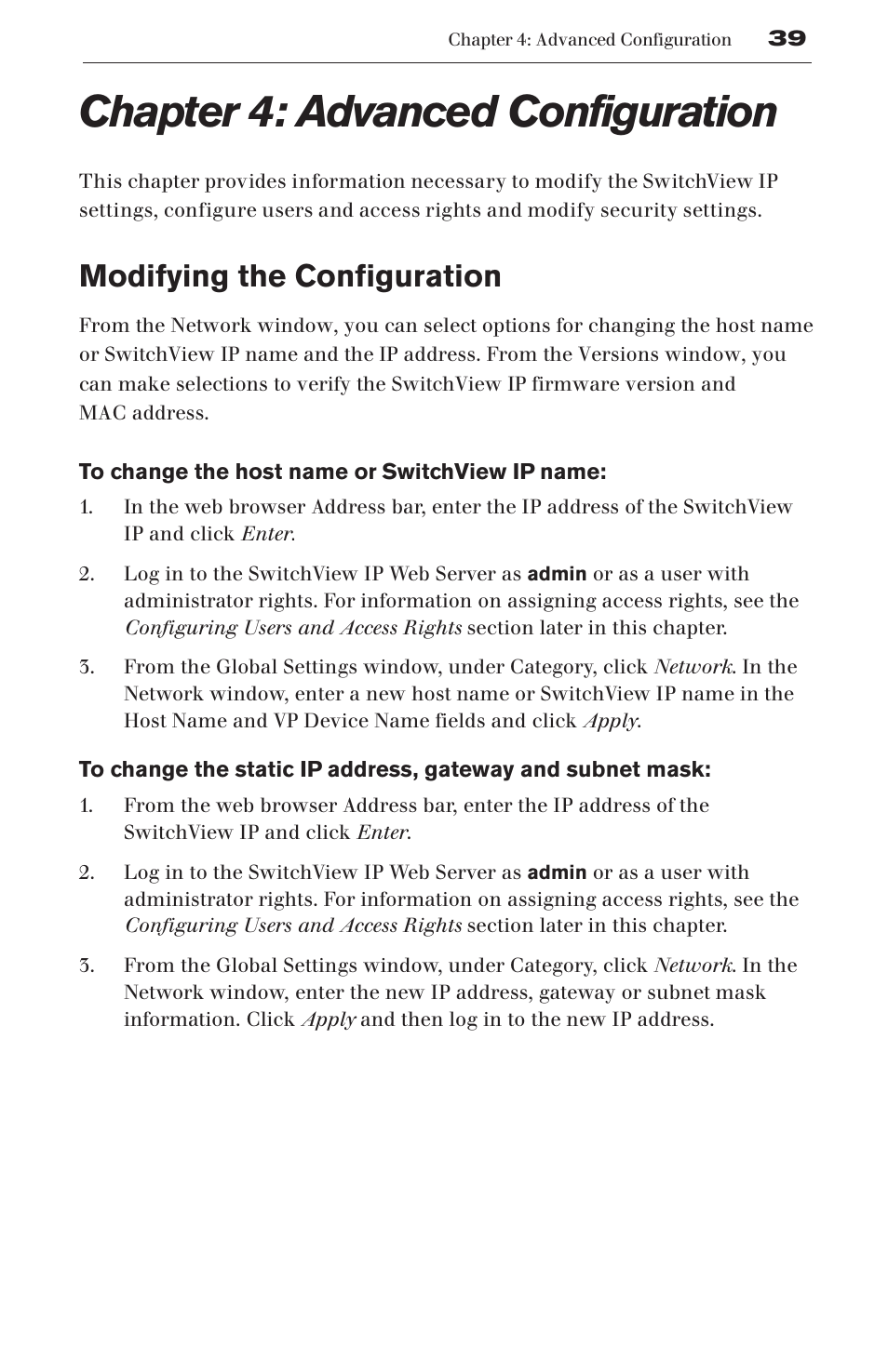 Chapter 4: advanced configuration, Modifying the configuration | Avocent SwitchView User Manual | Page 45 / 60