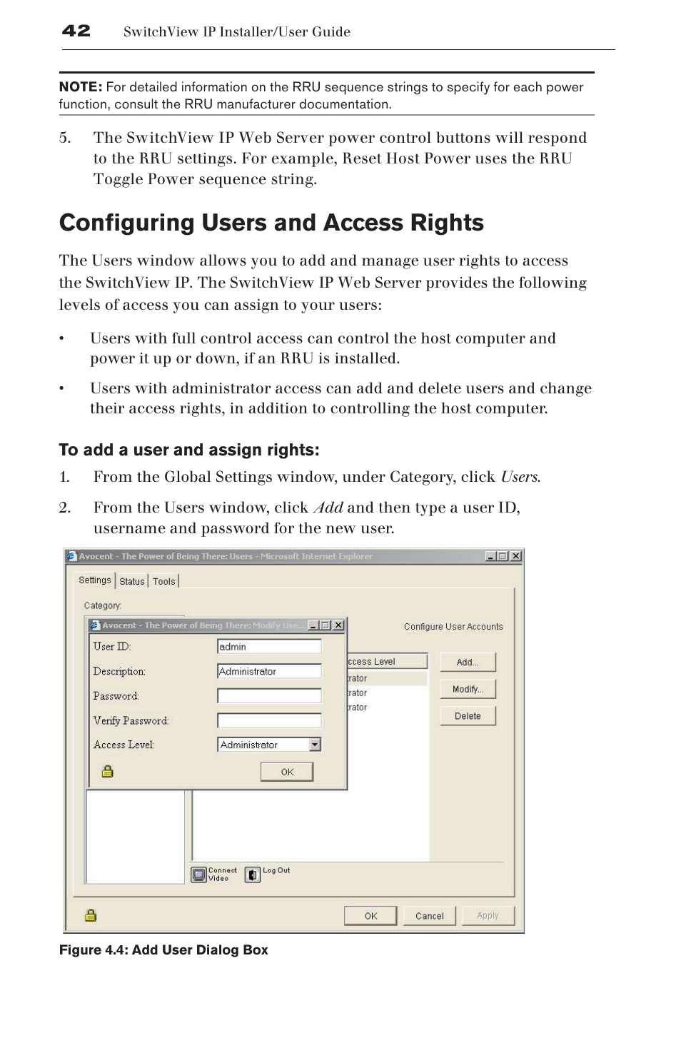 Configuring users and access rights | Avocent SwitchView User Manual | Page 48 / 60