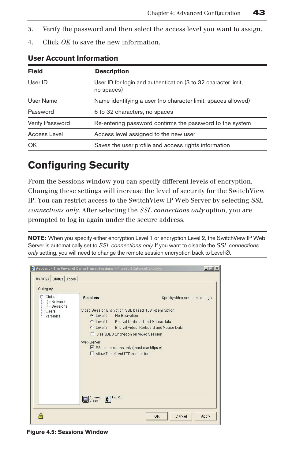 Configuring security, User account information | Avocent SwitchView User Manual | Page 49 / 60