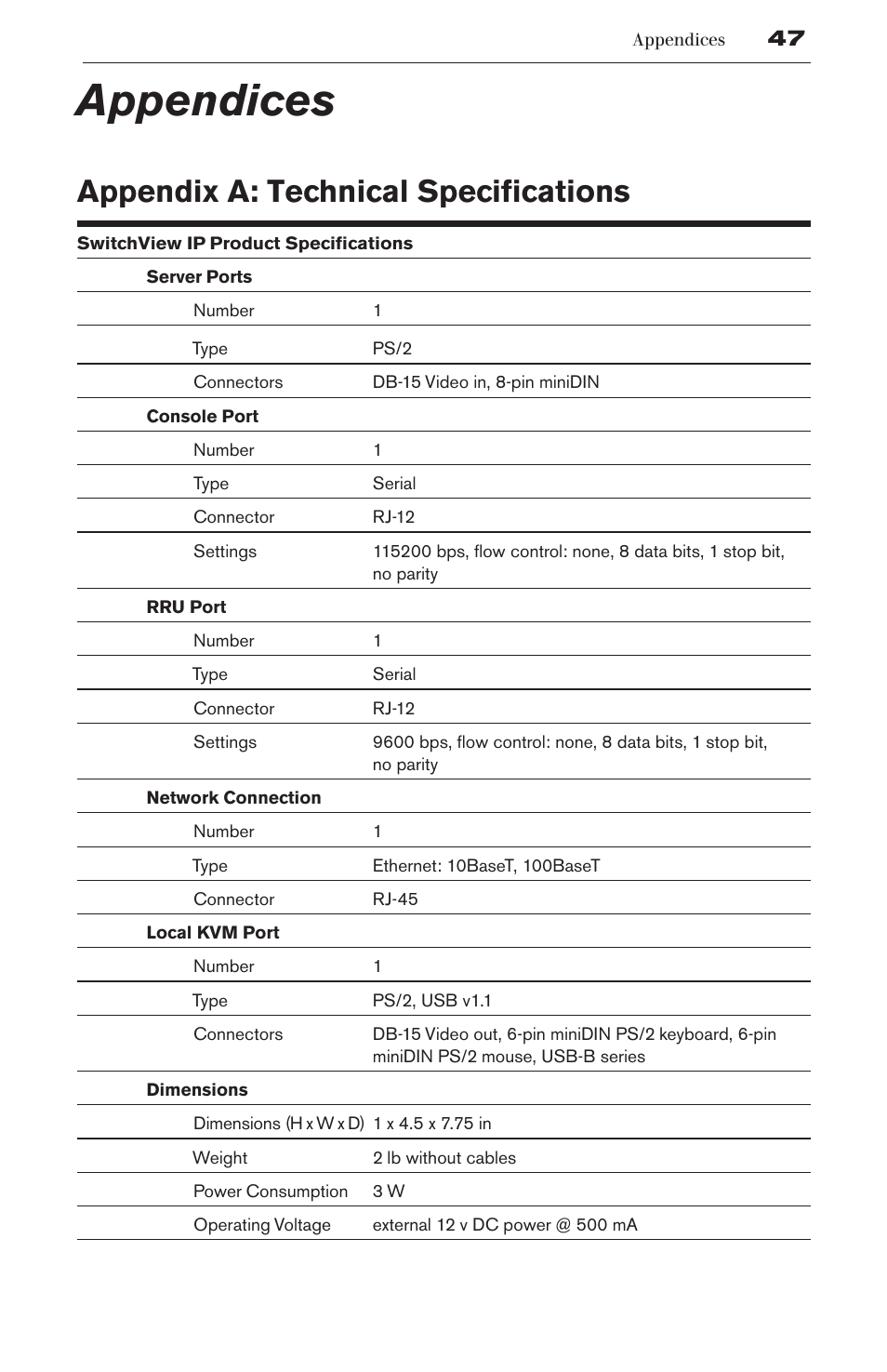 Appendices, Appendix a: technical specifications | Avocent SwitchView User Manual | Page 53 / 60